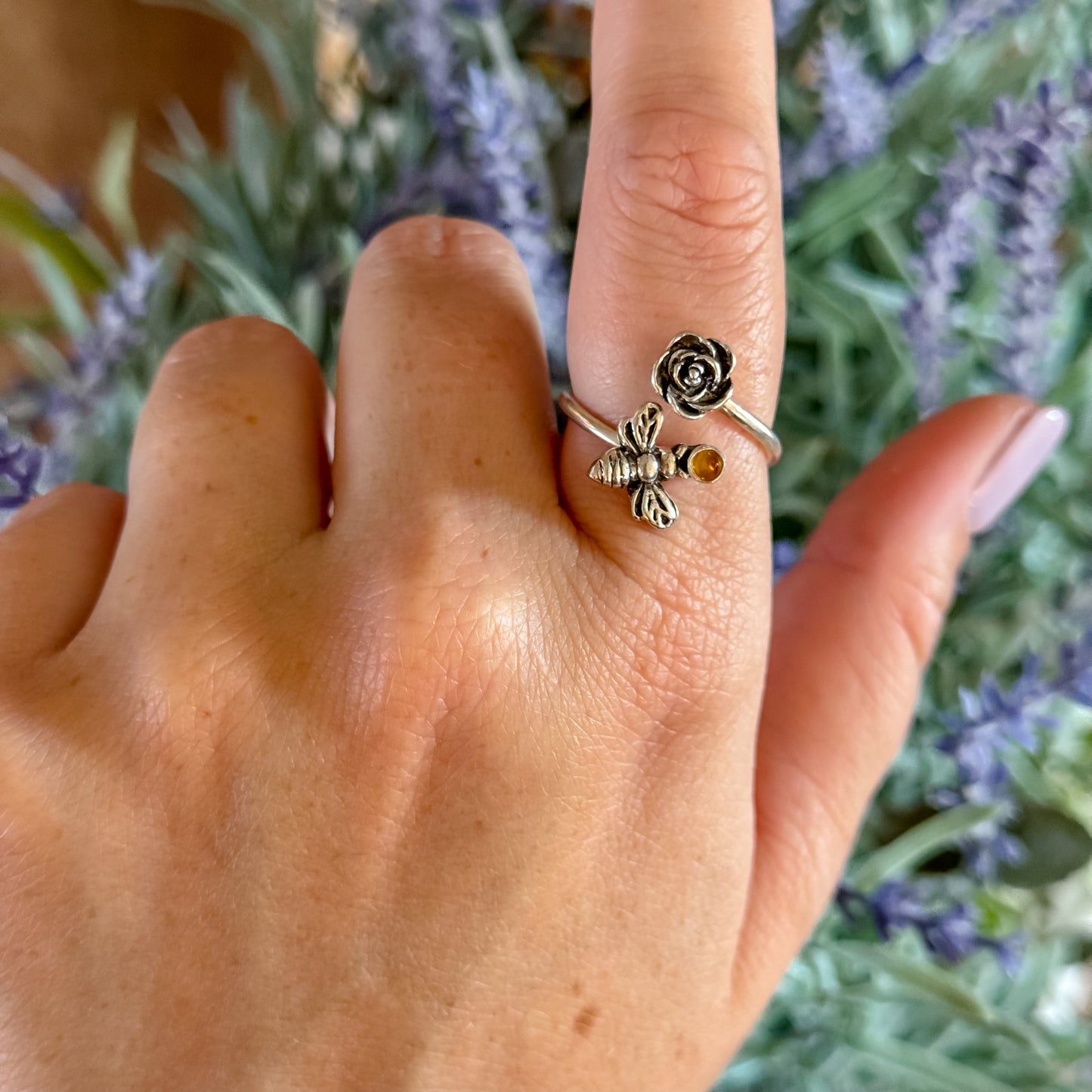 Sterling Silver Bee & Rose Citrine Ring