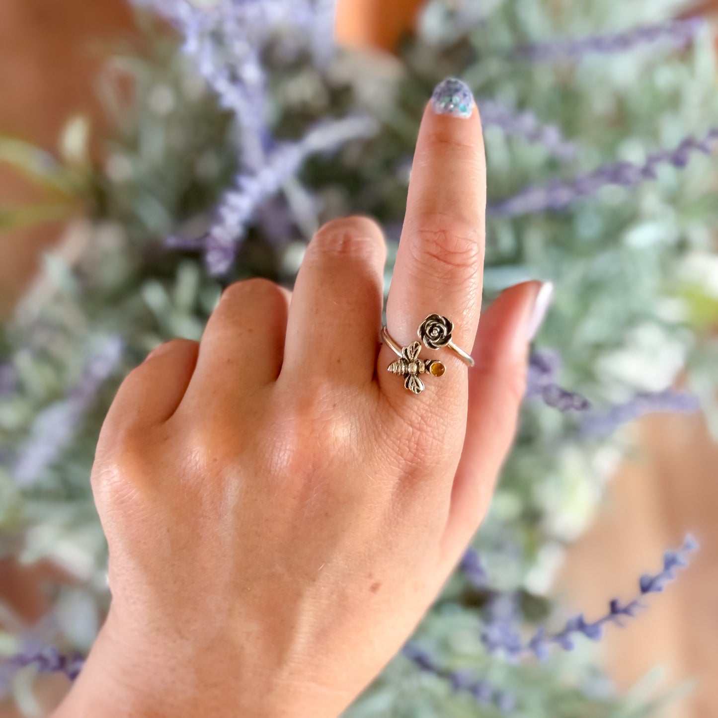 Sterling Silver Bee & Rose Citrine Ring