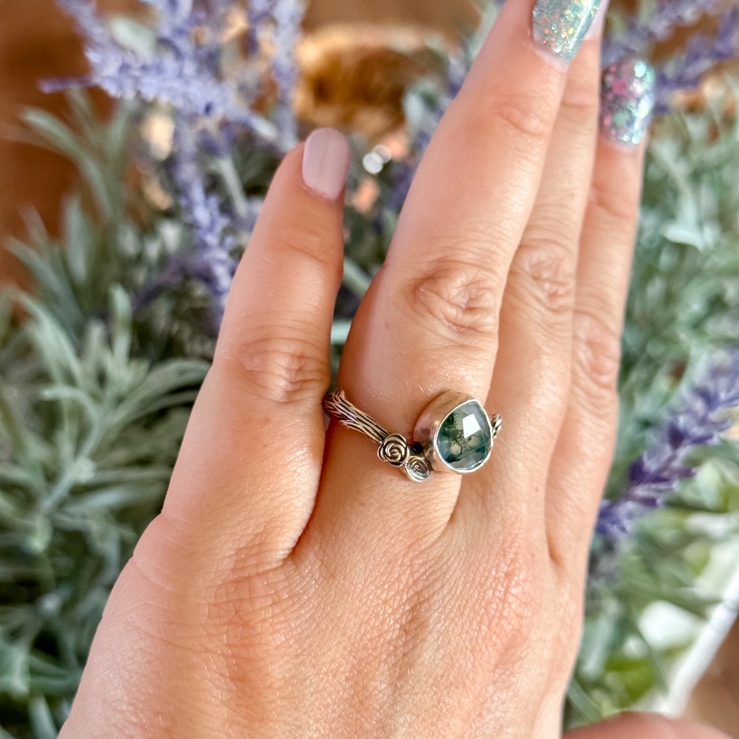 Moss Agate Rose Ring