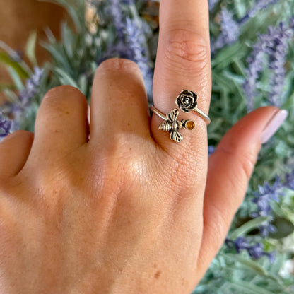 Sterling Silver Bee & Rose Citrine Ring